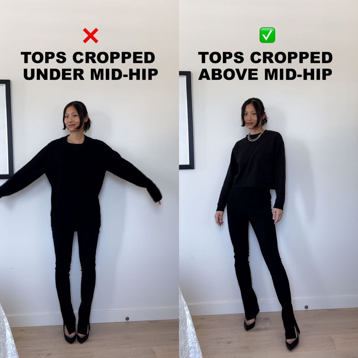 top cropped below mid hip vs top cropped above mid hip